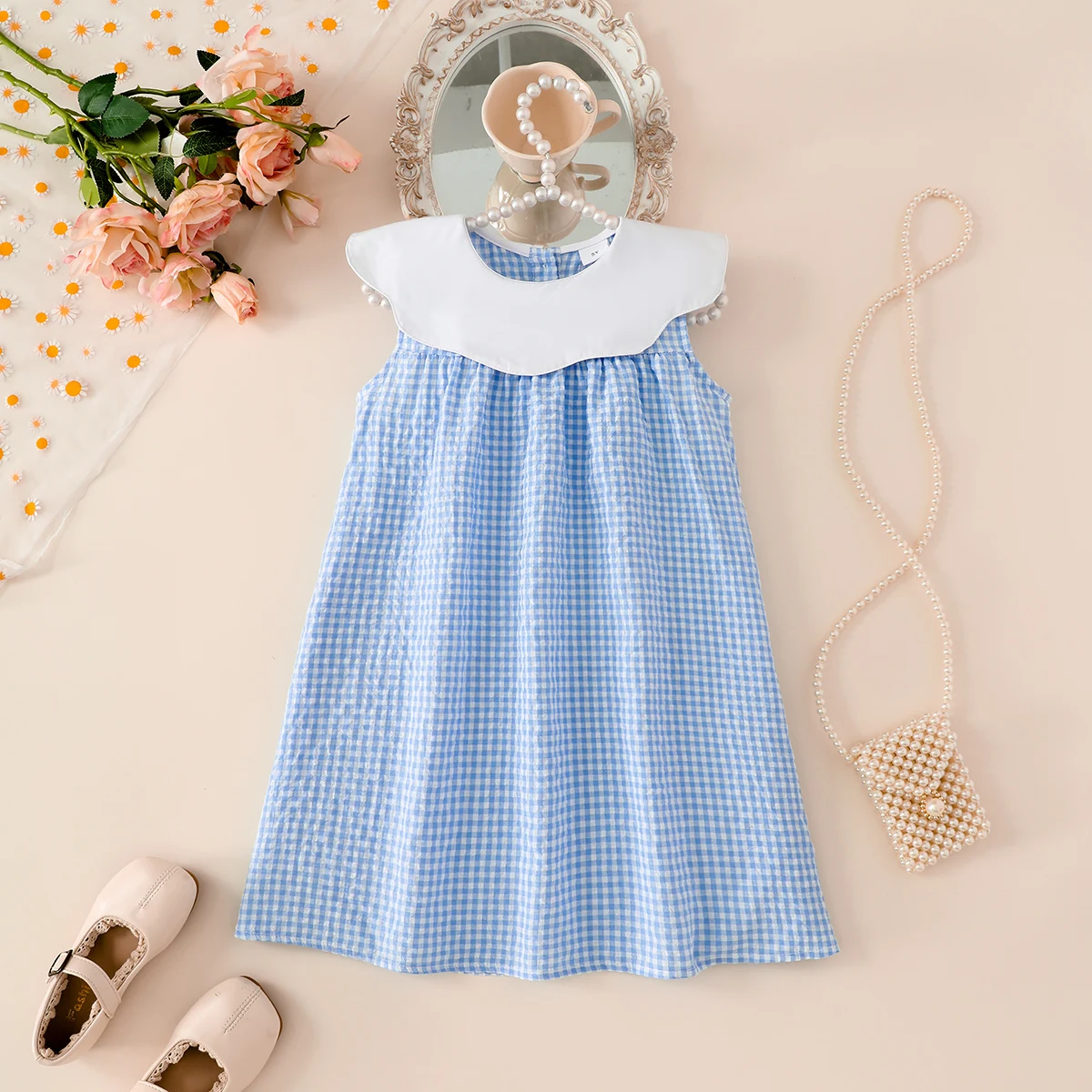 Mädchen Sommer Casual Plaid Kleid Blau Gingham Kragen Baby Mädchen Kleid Kinder Kleidung Kleinkind Kleider
