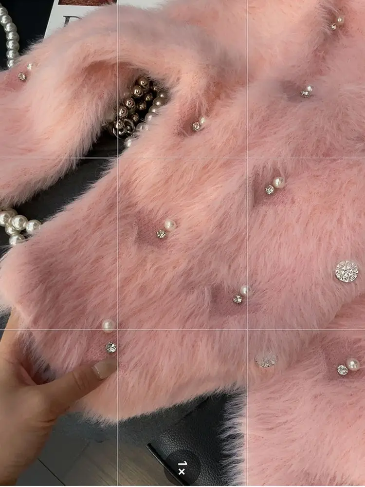 Luxury Fluffy Furry Soft Pink Knitted Cardigan Beaded Autumn Winter Coat Women Sweater Short Tops Design Outerwear White Jumpers