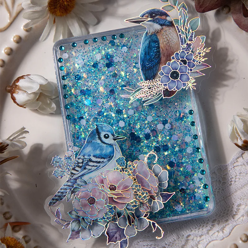 20Sheets Stickers Bird And Flower Series Flower Bird Collage Laser Silver Stickers Retro Flower Window Hand Account Decoration