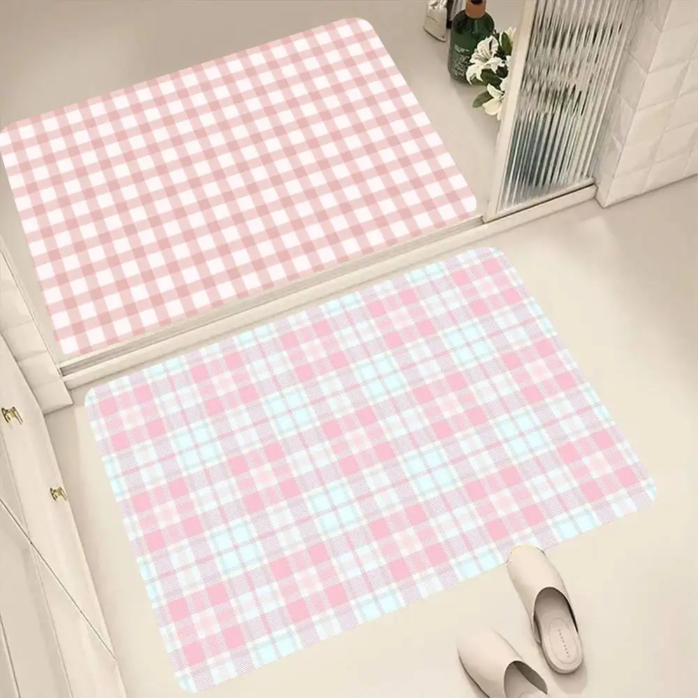 Rosa karierte Bodenmatte, geeignet für Wohnzimmer, Küche, Badezimmer, rutschfeste Matte, Haushaltsfußmatte