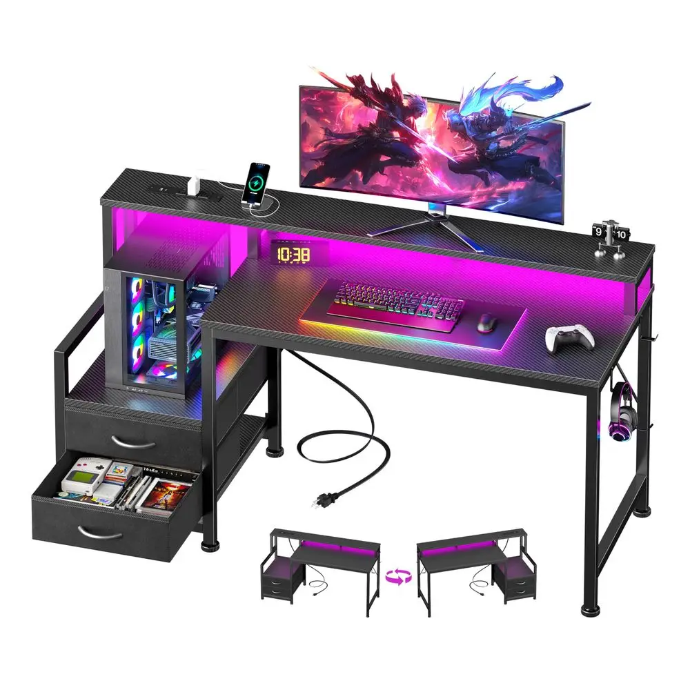 47 Gaming Desk with LED Lights amp USBC Port, Reversible Computer Desk with Monitor Stand, Storage Shelves amp 2 Fabric Drawers