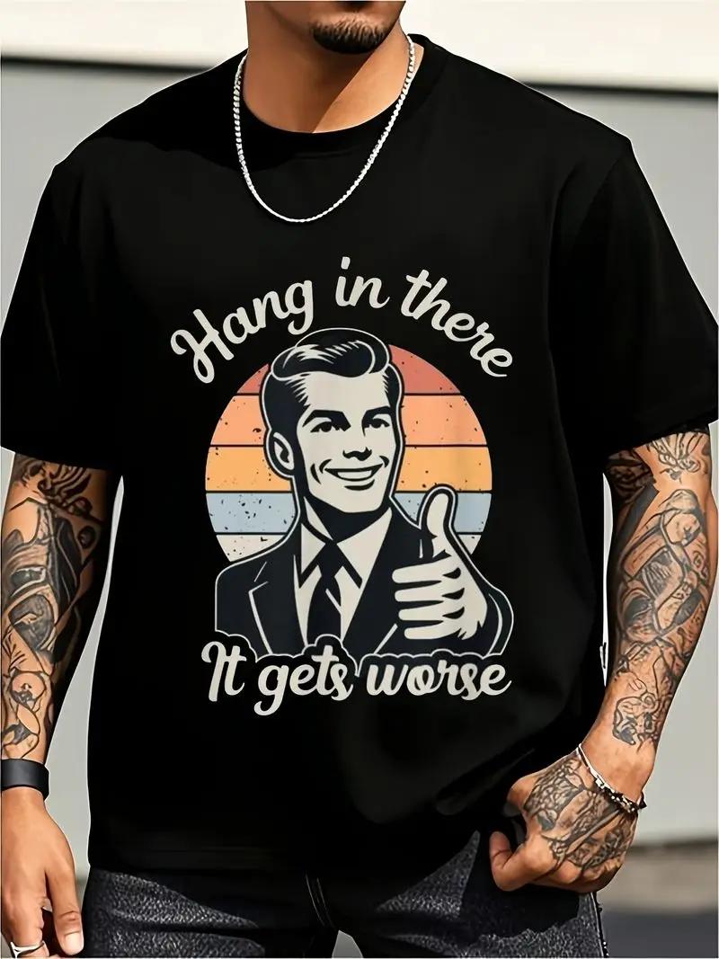 Funny Retro 70S 80S Vintage Sarcastic T-Shirt Hang In There It Gets Worse Thumbs Up Graphic Tee Ultra Soft Loose Fit Crew