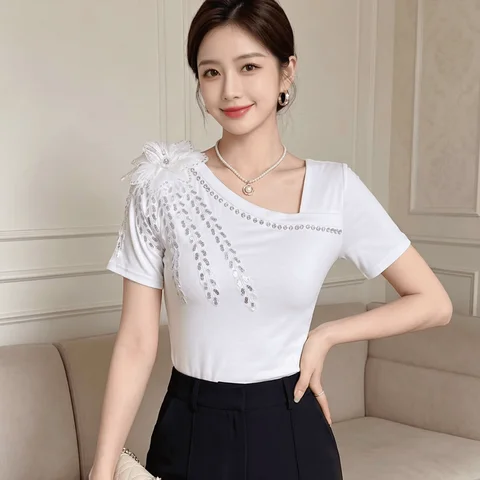 New Summer Korean Brand Women Sexy Skew Collar Shiny Sequined Embroidery T-Shirt Tops Chic 3D Appliques Flowers Tees Blouse