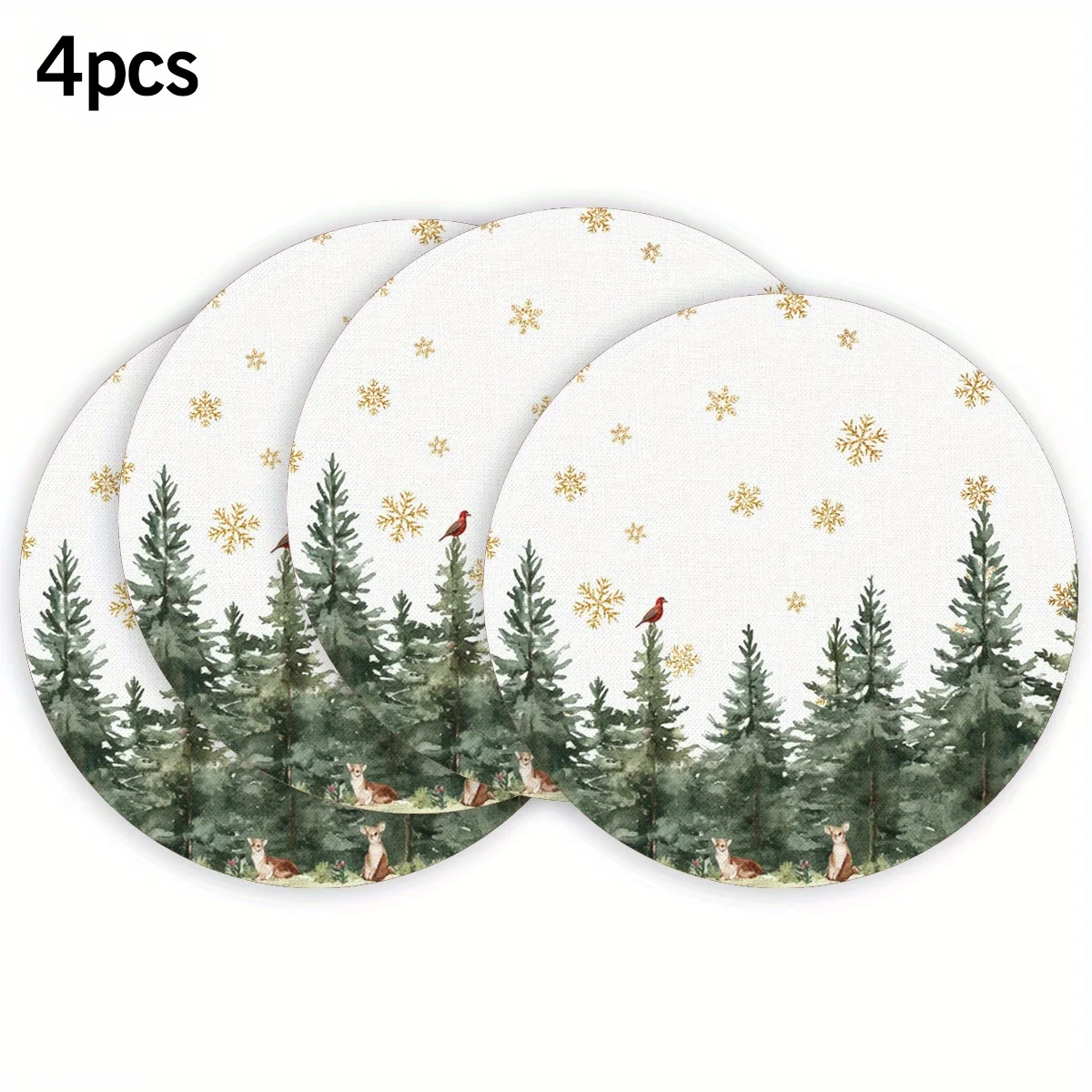 VIKAMA 4PC Wald Schnee Landschaft Mahlzeit Matte Kiefer Schneeflocke Hirsch Esstisch Restaurant Weihnachten Party Dekoration