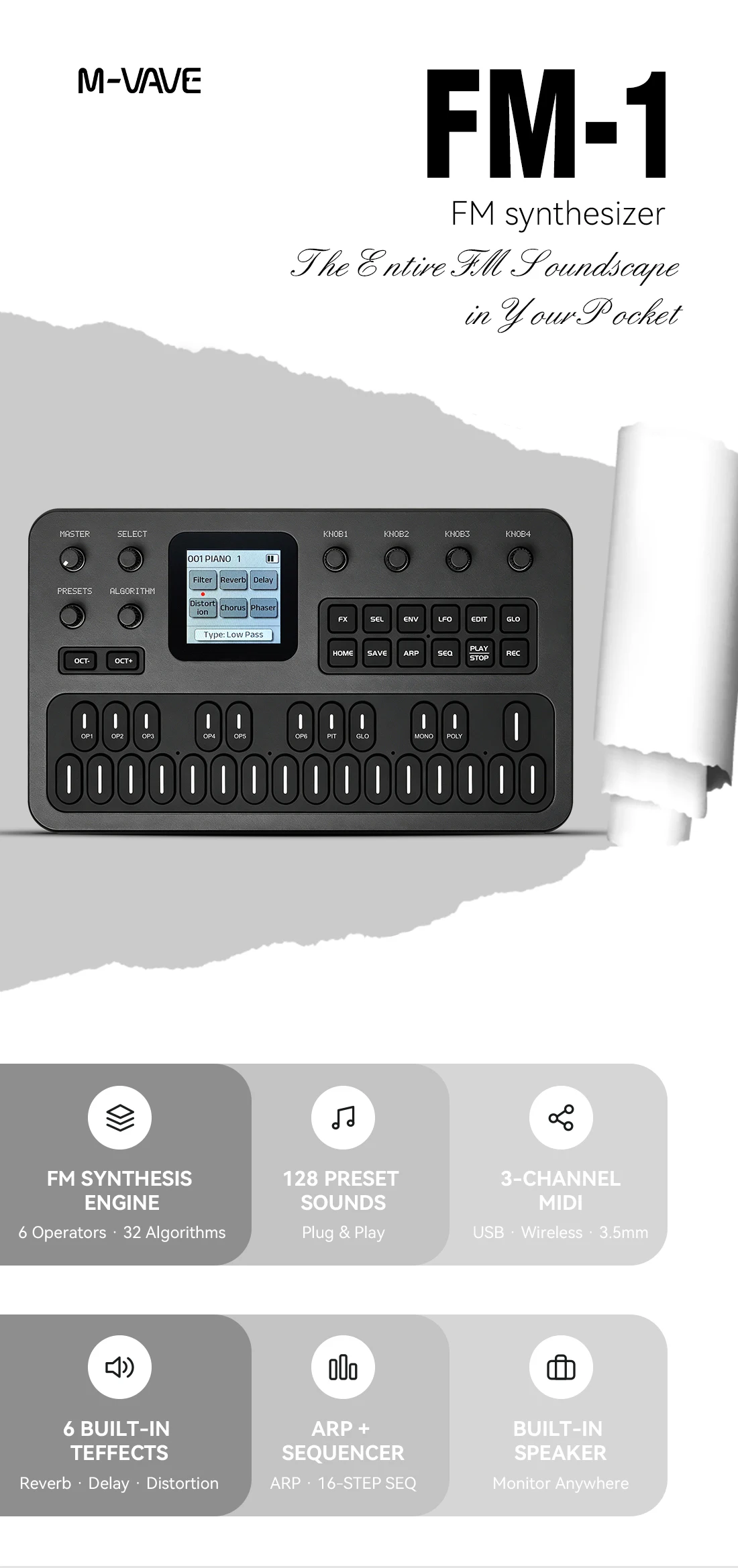 M-VAVE FM1(SK15) Black FM-1 Synthesizer 6 Operators, 32 Algorithms 128 Presets,27 Keys,Built-in Speaker, Battery, Portable Synth