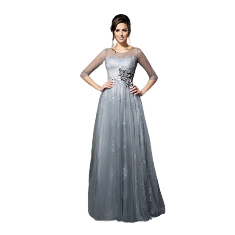 Silver Mother Of The Bride Dresses A-line 3/4 Sleeves Tulle Lace Flowers Plus Size Long Groom Mother Dresses For Wedding