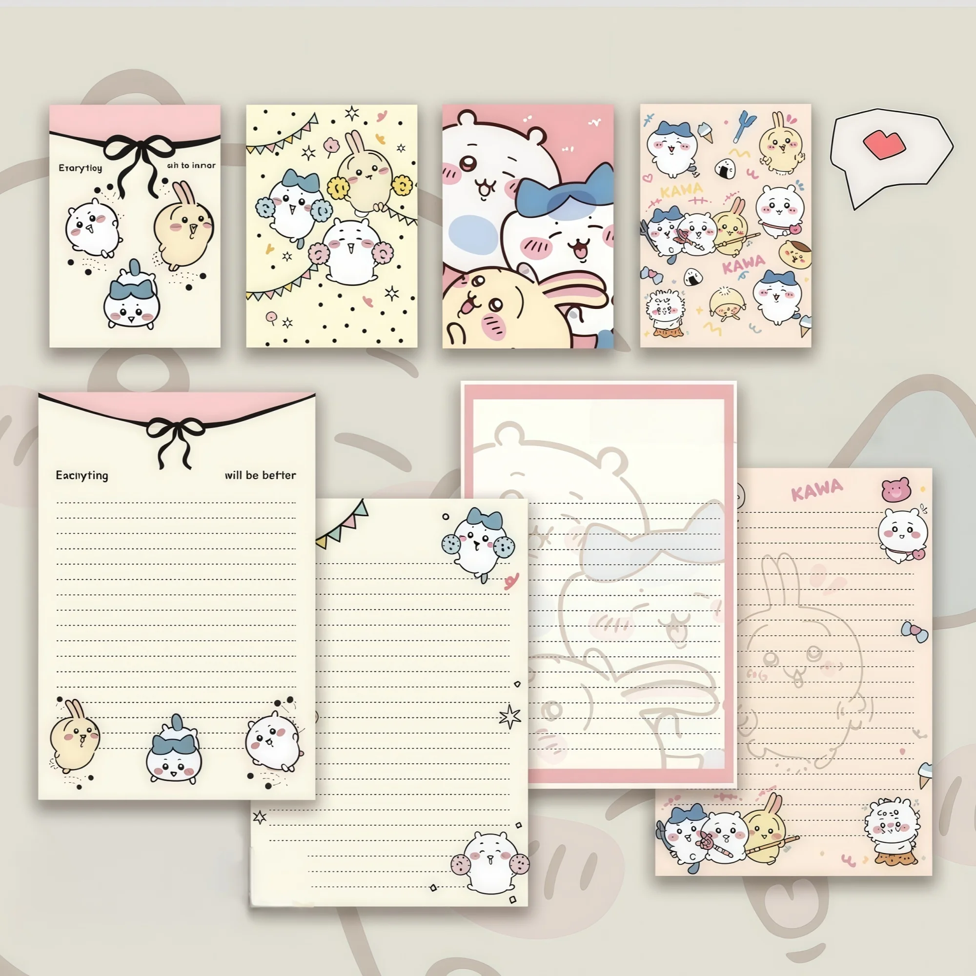 Chiikawa Letter Paper and Envelope Set: 4 Envelopes, 4 Cute Anime Hachiwari Rabbit Lined Paper Set – Back-to-School Writing Gift
