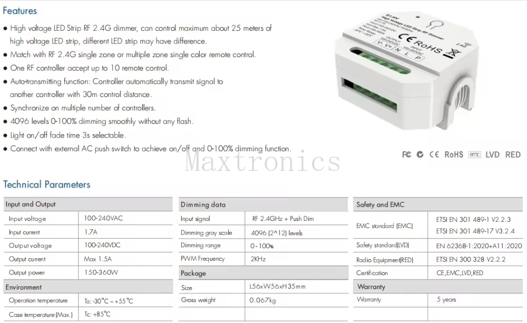 Controlador dimmer rf + push 2.4g S1-HV 1ch * 1.5a pode ser definido gradiente de 3 segundos para tiras de led de cor única de alta tensão 100-240vac