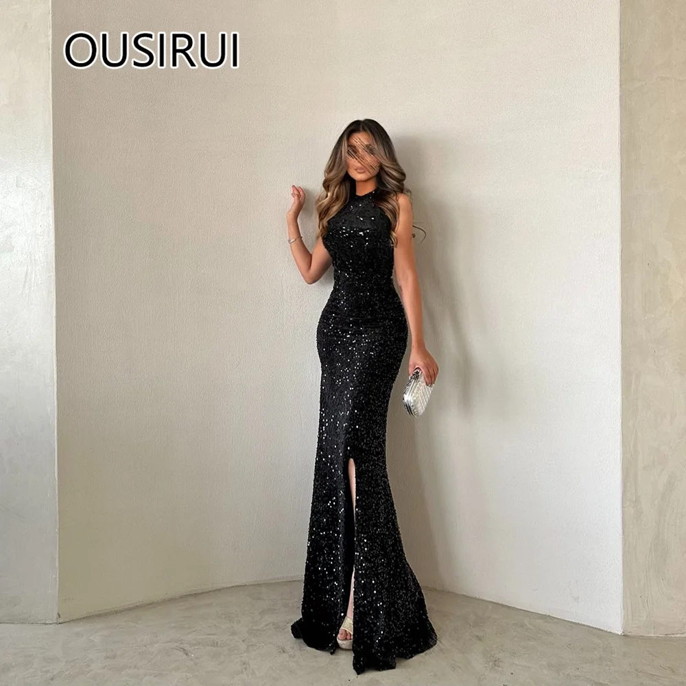 

Customized Halter Sleeveless Sequins Sparkly Backless Prom Bridal Dress Sexy Mermaid Side Slit Trian Popular Prom Cocktail Dress