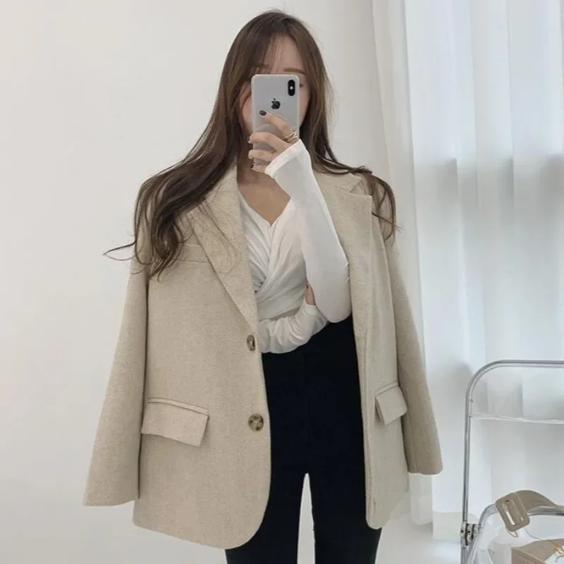 Korean Chic 2024 Autumn Winter Temperament Top Lapel Strap Waist Thickening Cotton Short Coat Herringbone Wool Suit Jacket Woman