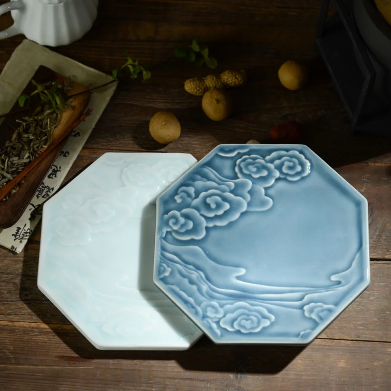 ★Jingdezhen Ceramic Carving Pot Tray Jingdezhen Seawater Auspicious Cloud Pattern Tea Tray Pot Support Pot Tray Kung Fu Tea Set