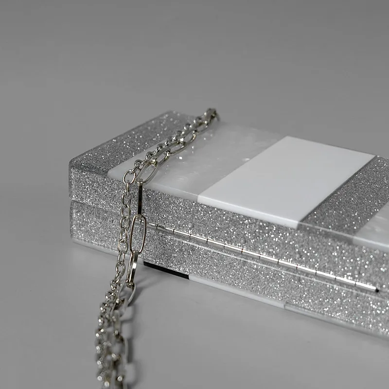 Neue Trendige Handtasche Mode Damen Hochzeit Silber Weiß Gestreifte Handtaschen Acryl Luxus Pailletten Abendtasche Damen Niedliche Clutch – Detail 7