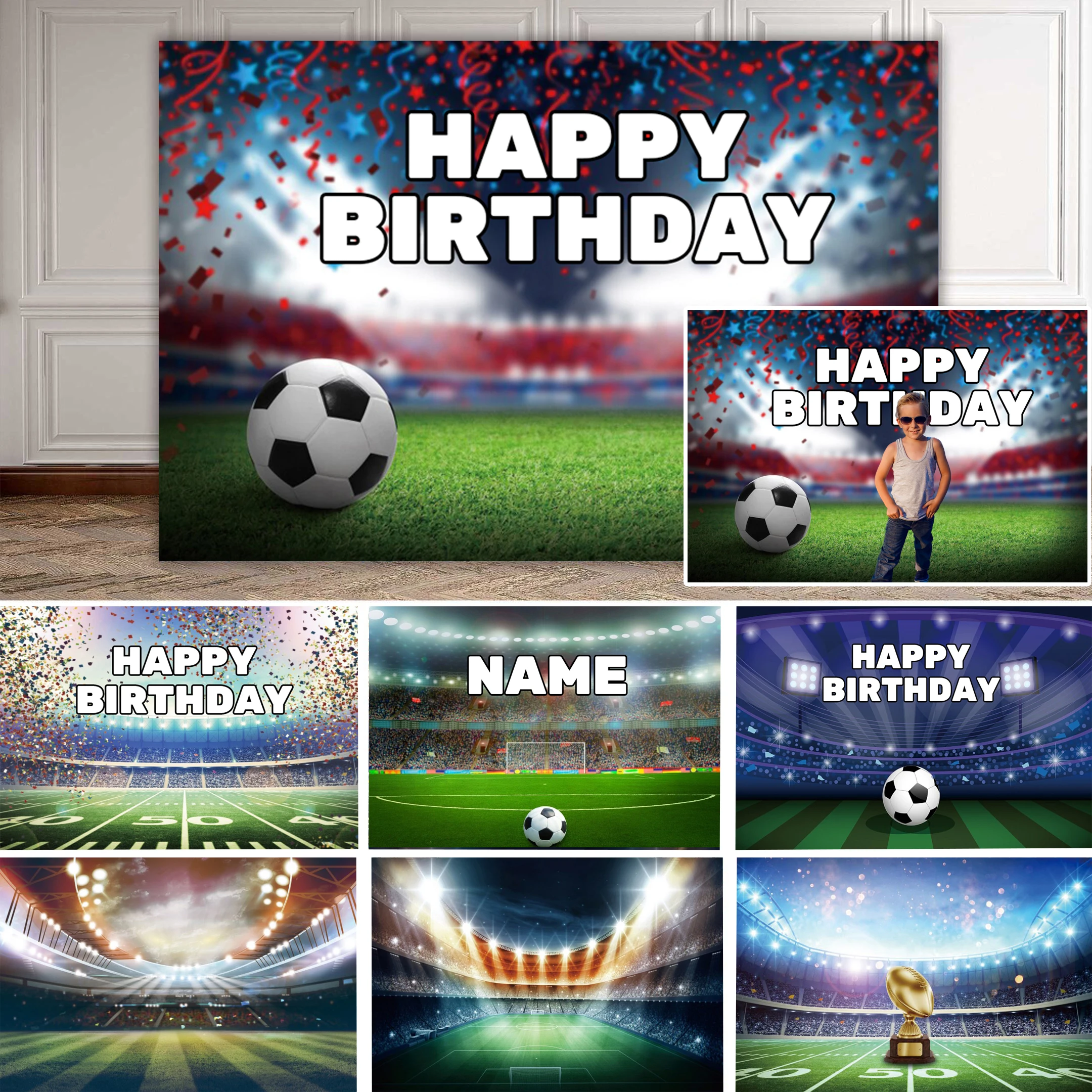 Fondo de fotografía de campo de fútbol personalizado, póster deportivo, fútbol, comunión, decoración de fiesta de cumpleaños, regalo para niño,