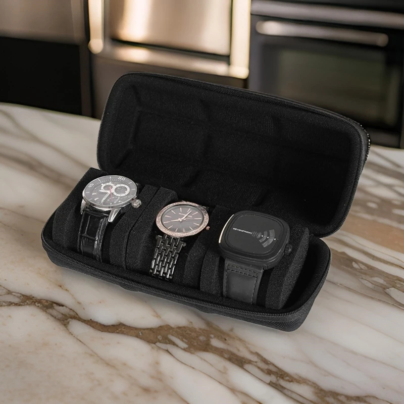 Men's Watch Storage 3 Compartment Portable Storage Case for Timepieces Sturdy Oxford and EVA Materials