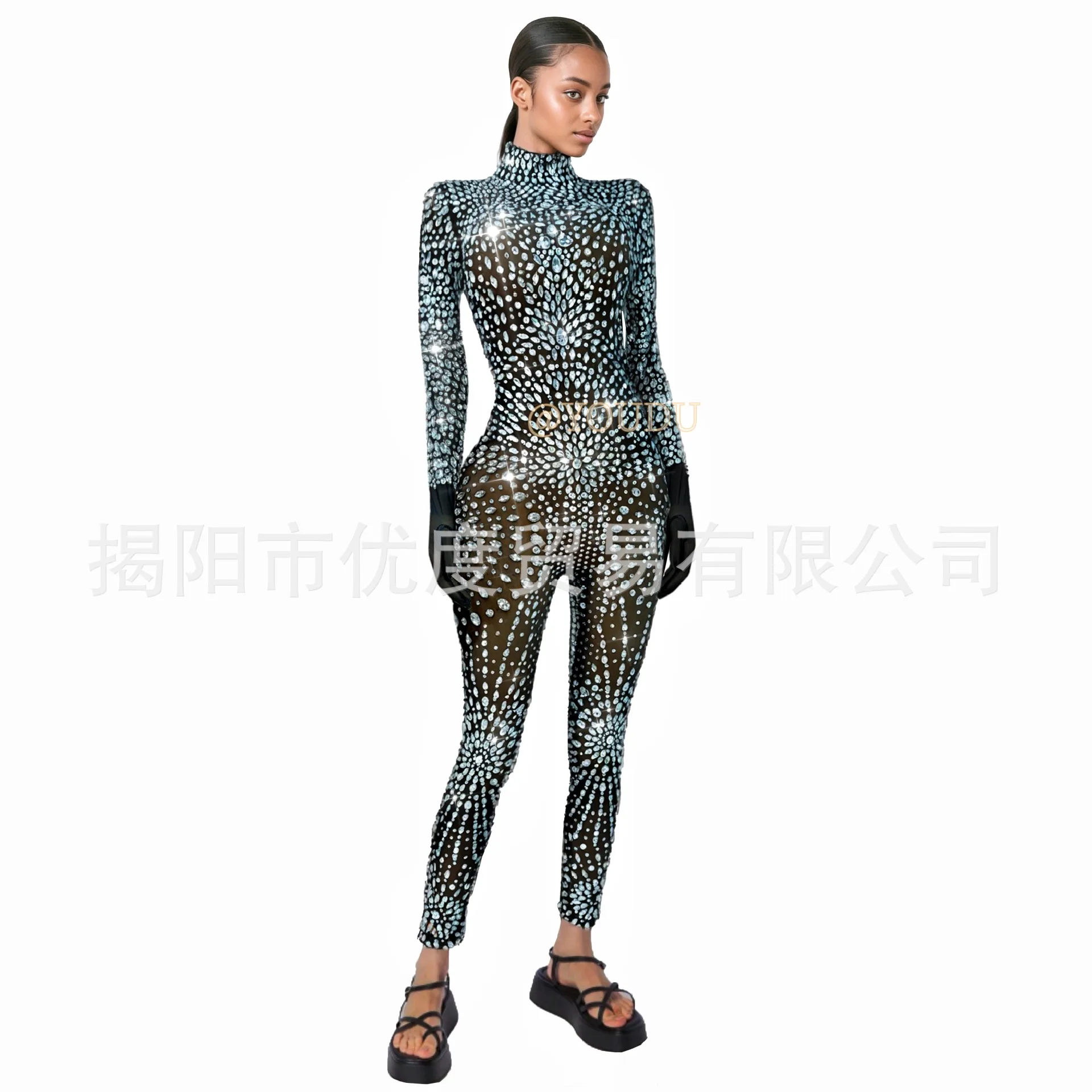 

Design Sense Bright Rhinestone Slim Black Jumpsuit Female Singer Night DJ Reception Party Performance Alien Vestidos Para Festas