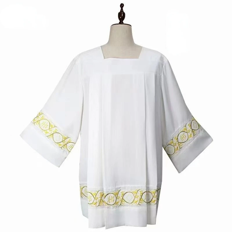 화이트 스퀘어 넥 라인 Surplice 카톨릭 교회 성직자 성직자 의상 Chasuble Pleated Lace Liturgical Alb Cottas Vestment