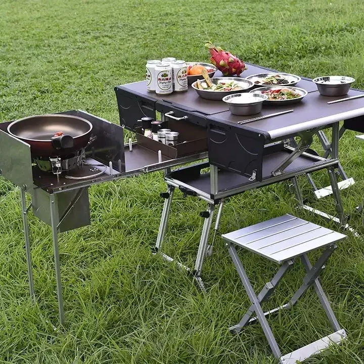 Outdoor Fully Equipped Picnic Table Camping Folding Compact Food Truck Trailer Portable Camping Mobile Kitchen Kitchenette