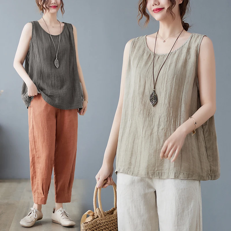 Retro Japanese Style Cotton Linen Crop Top Loose  Wrinkle Sleeveless Women's Shirt Commute Style round Neck Thin Model