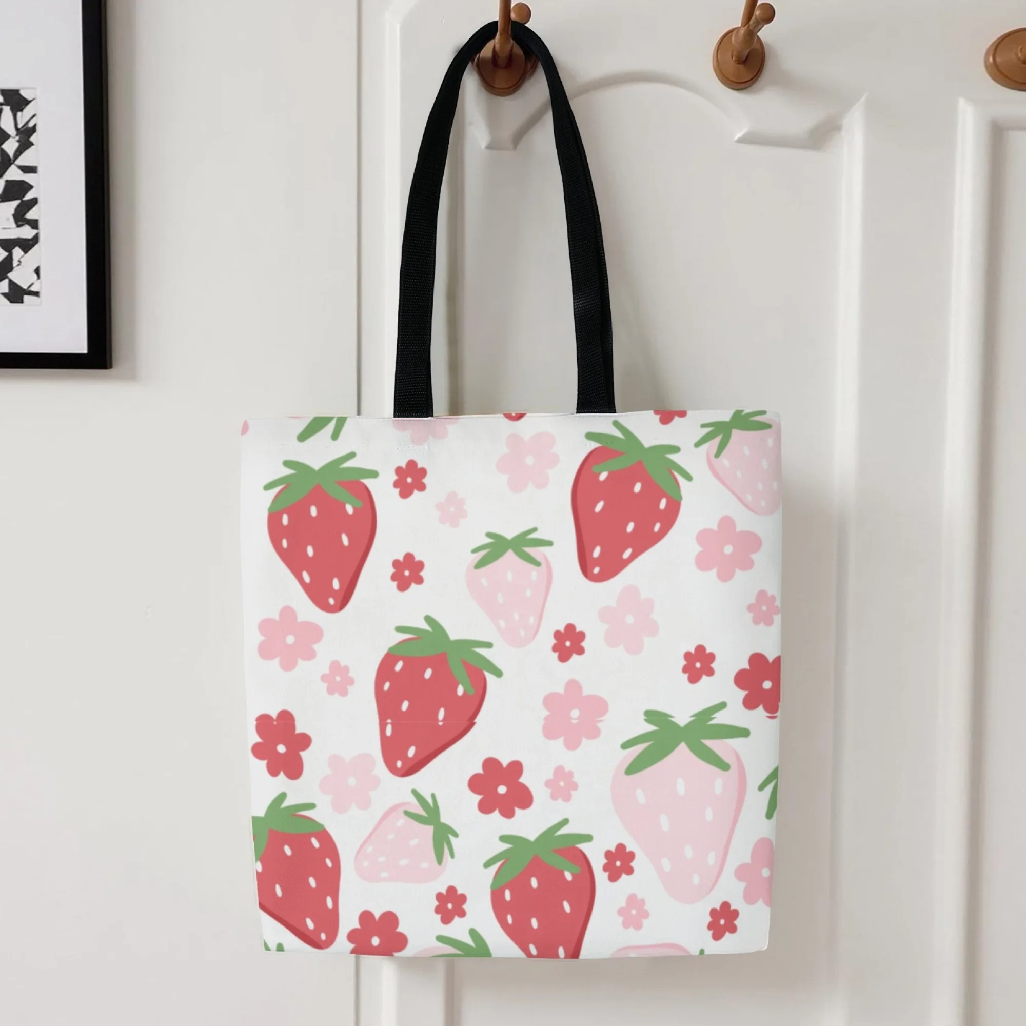 الفراولة الأزهار و Kawaii قماش المرأة حمل حقيبة الفاكهة زهرة موضوع حقيبة تسوق قابلة لإعادة الاستخدام مثالية للأغذية لطيف نمط المشجعين #3