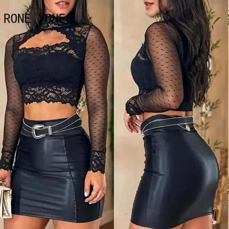 Women Chic Long Sleeves Short Lace Tops Pu Leather Bottom with Belt Button Bodycon Mini Sexy Skirt Sets