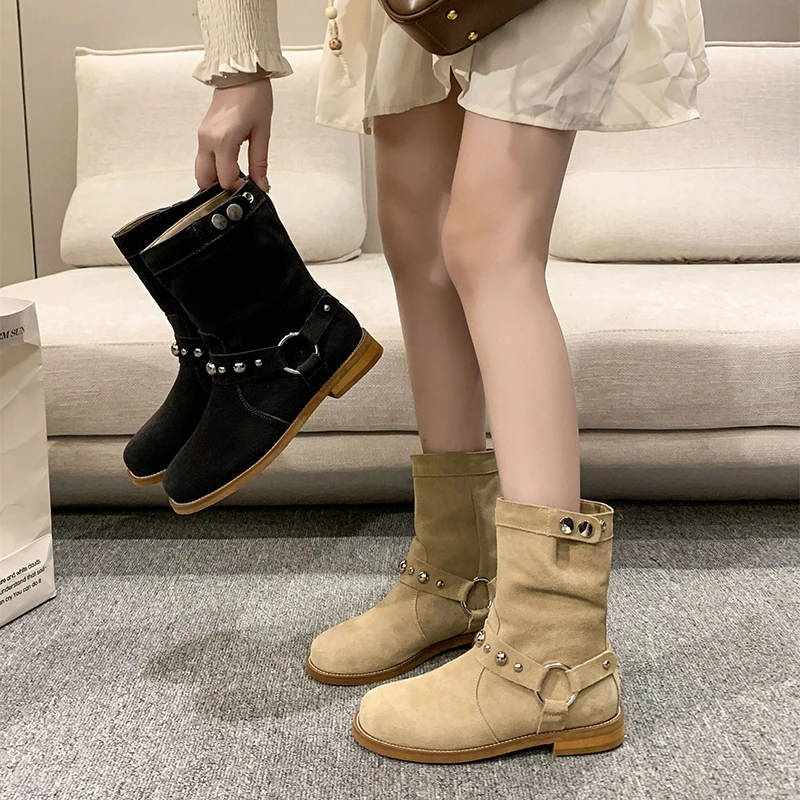 Women Boots Low Apricot/black Heel Short Tube Round Toe Sleeve Metal Bead Ring Winter Non Slip Warm Suede Fashion Boots De Mujer