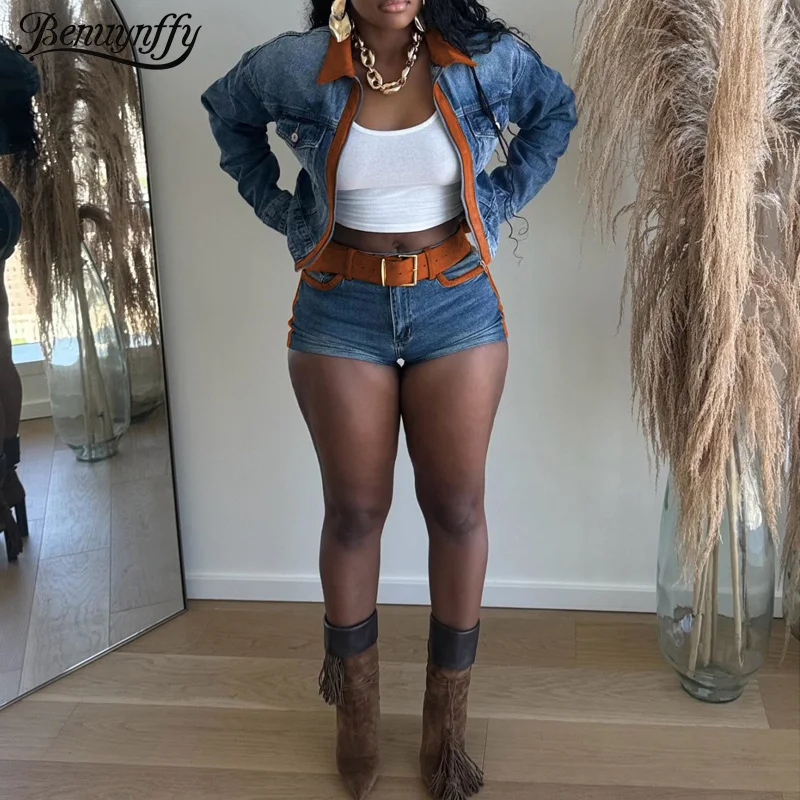 

Benuynffy Autumn 2 Piece Set For Women 2025 Long Sleeve Crop Zip Up Denim Jacket And Elastic Super Shorts Streetwear Outfits