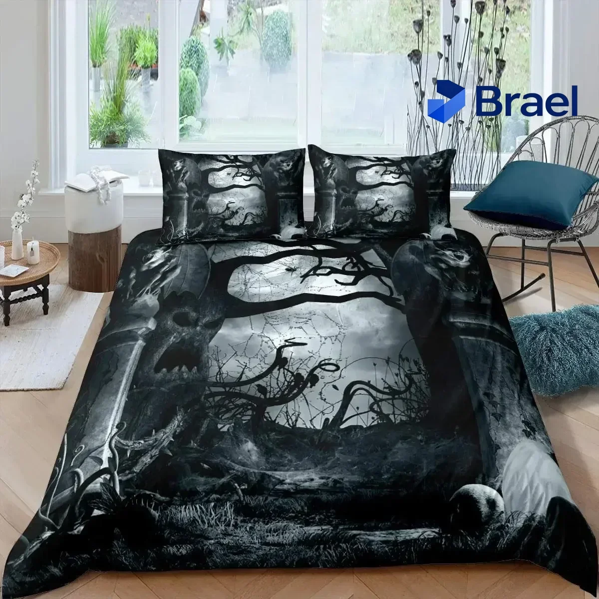 Exquisite Halloween Tree Bedding Set Queen King Horror Theme Comforter Cover Gothic Spooky Twin Full Duvet Cover Branches Grey Q