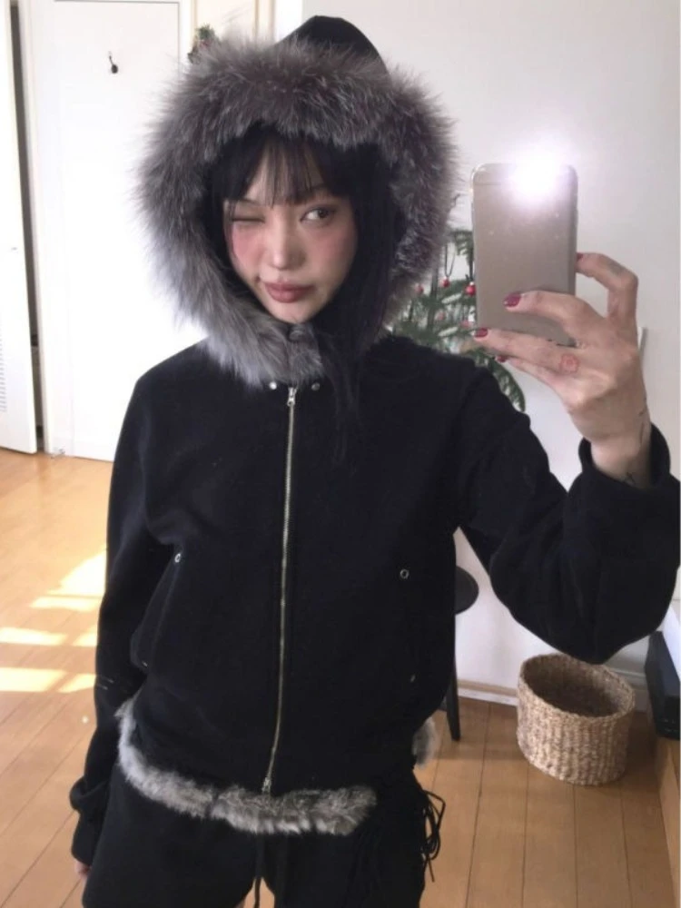 

Y2k куртка с капюшоном в американском стиле ретро, женская повседневная уличная одежда с длинным рукавом из искусственного меха, винтажное пальто, чистый цвет, осень 2023 г.