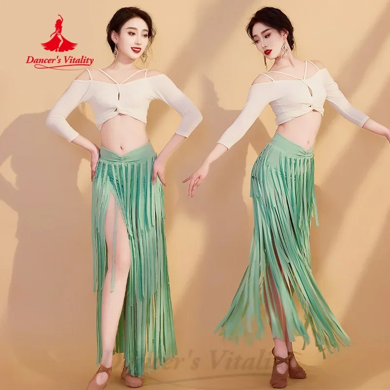 BellyDance ฝึกชุดแขนยาว + พู่กระโปรงยาว 2pcs ผู้ใหญ่หญิง Oriental Belly Dance Professional การฝึกอบรมเสื้อผ้า