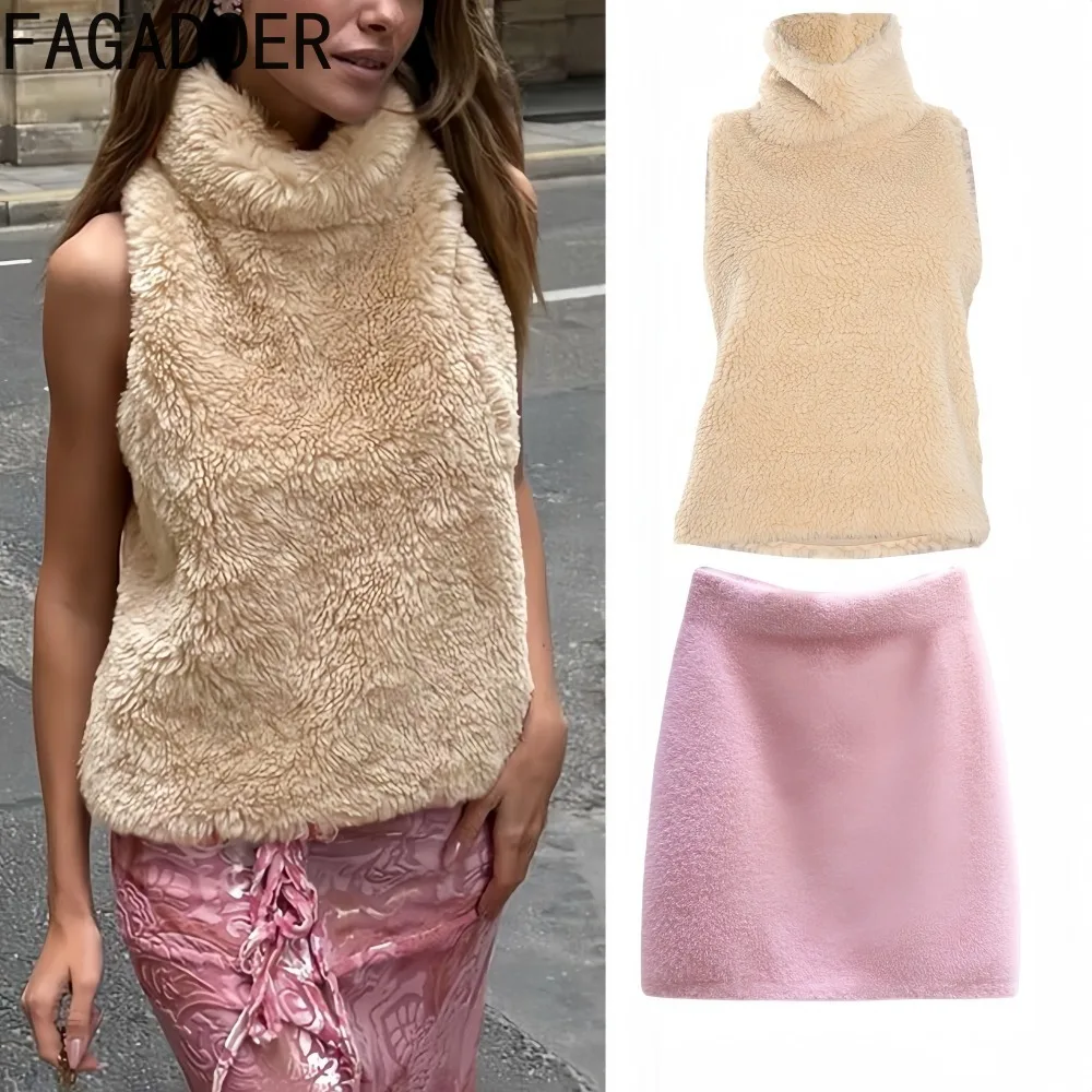 FAGADOER Winter Nieuwe Sexy Hoge Hals Tweedelige Outfits Vrouw Mouwloos Bont Patchwork Crop Top en Rok Past Vrouwelijke Streetwear