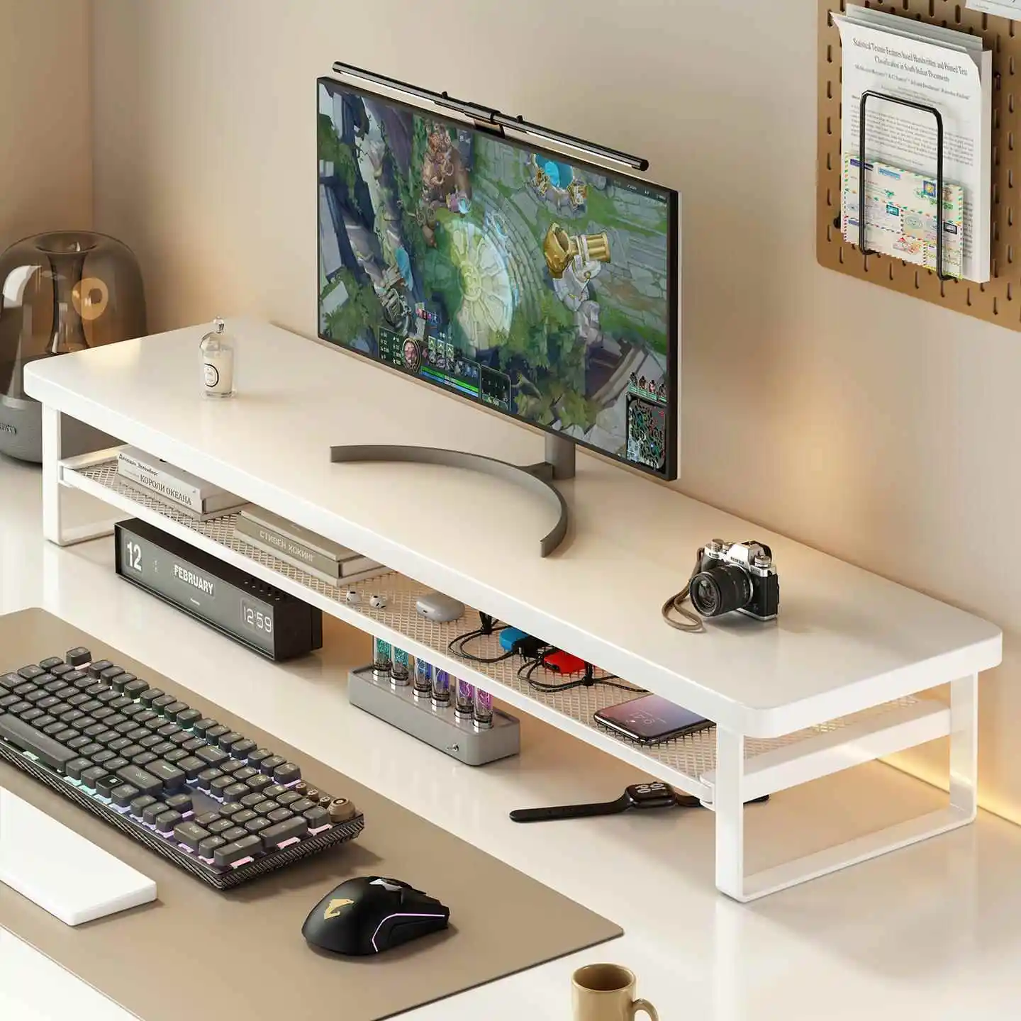 Elevated Desktop Computer Stand Office Workstation Keyboard Storage Rack Monitor Holder Home Furniture Display Shelf