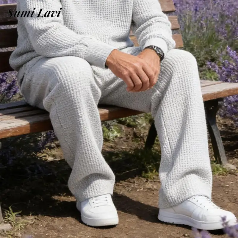 

2026 Spring Fall Stylish Mens Pants Streetwear Vintage Solid Color Loose Straight Pants Men Casual Drawstring Waffle Trousers