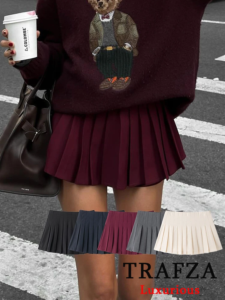 TRAFZA Vintage Casual Chic Burgundy Women Skirt Solid Zippers Short Pleated Skirt Fashion 2024 Autumn Winter Y2K Girl Mini Skirt