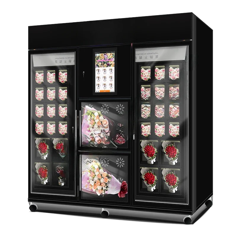 Flower vending machine with cooling 34 lockers large size  bill coins and card reader on  21.5 inch screen