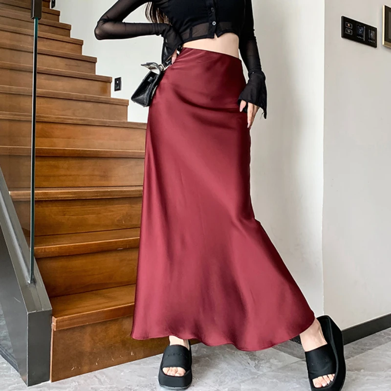 

Spring Summer Women High Waisted Wine Red Black Ruffled Imitation Silk Turmpet Skirt , Woman Elegant Mermaid Skirts