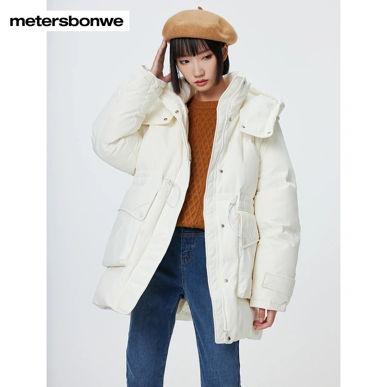 Metersbonwe Long Hooded Down Jacket Women Winter Parker Coat Ladies Warm Jackets Casual White Outerwear