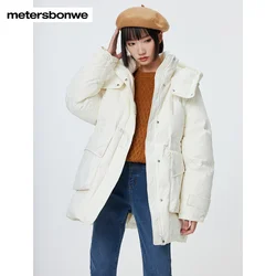 Metersbonwe-Jaqueta longa com capuz feminino, casaco Parker de inverno, jaquetas quentes femininas, casacos brancos casuais