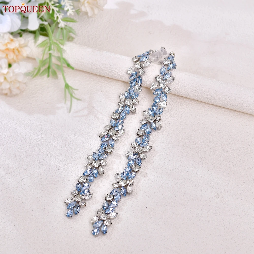 TOPQUEEN Long Thin Light Blue Rhinestone Belt Handmade Bridal Accessories Women's Versatile Dress Wedding Belt Tie Ribbon S437