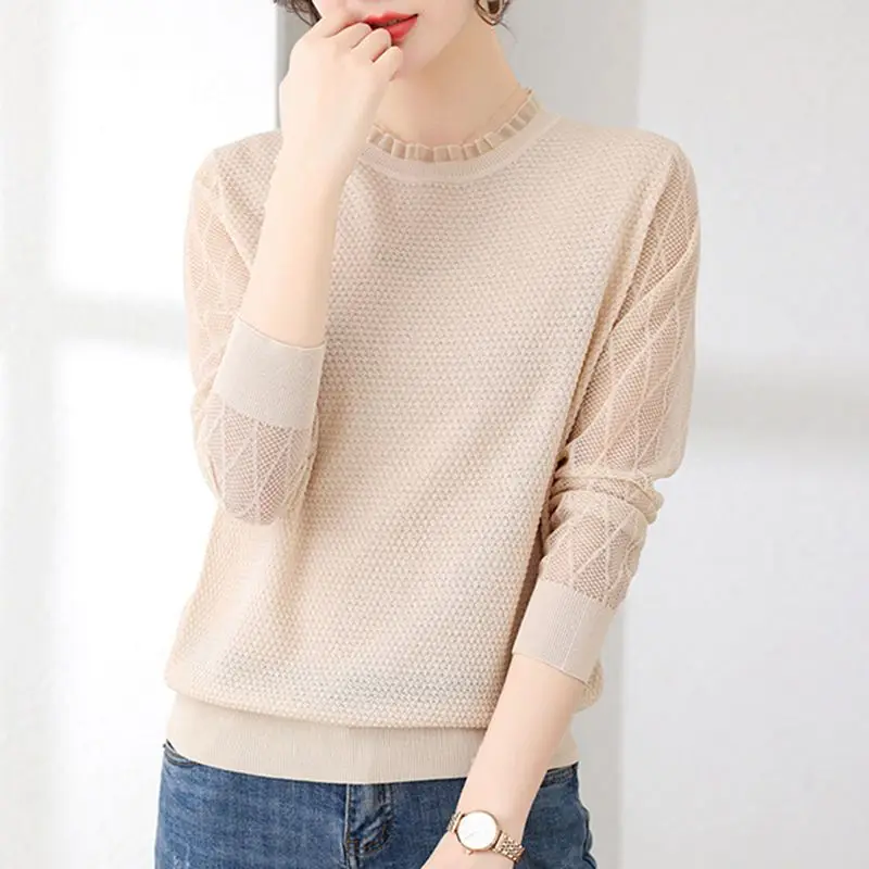 Women\'s Clothing Crew Neck Spring Autumn Solid Color Lantern Long Sleeve Pullover Patchwork Sweater Knitted Casual Elegant Tops