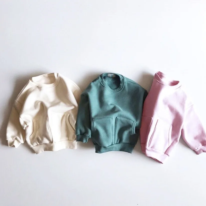 Children's Clothing Spring and Autumn Korean New Boys and Girls Han Faner Double Pockets Simple Terry Small Sweater Top