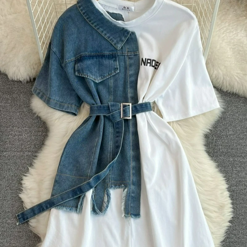 Koszula jeansowa dwukolorowa w stylu retro Hong Kong, stylowa, dopasowana w talii, z okrągłym dekoltem, nowy wiosenny styl, szykowna, codzienna, o średniej długości.