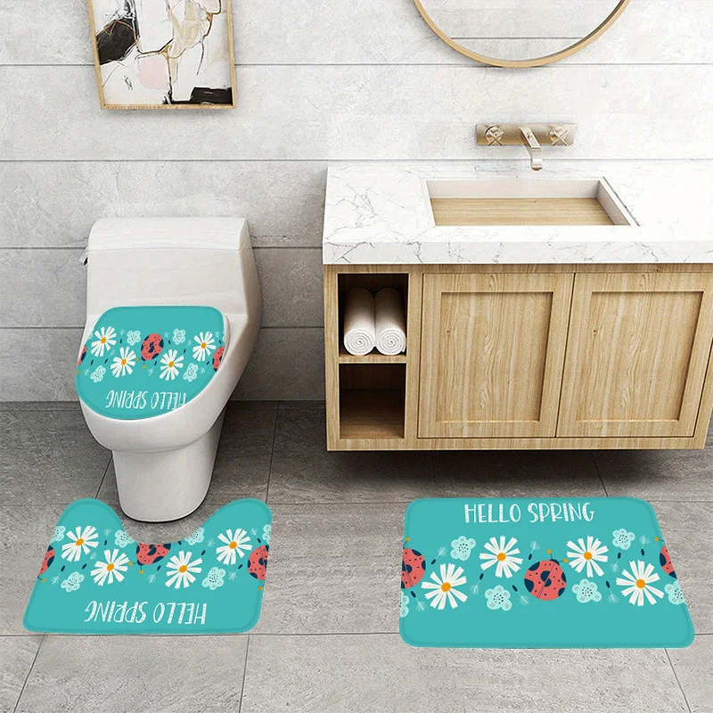 Cute Ladybug Daisy 3pc Bath Set – Soft Non-Slip Flannel Toilet Lid Cover & Oval Mat, Machine Washable with Adhesive Backing