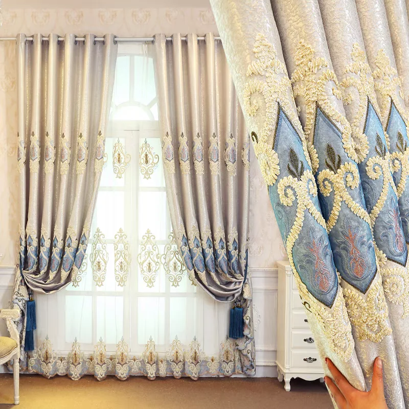 2PCS Luxury Light Grey & Blue Embroidered Curtains, High Blackout, Grommet Top for Living Room & Bedroom, Sheer Not Included