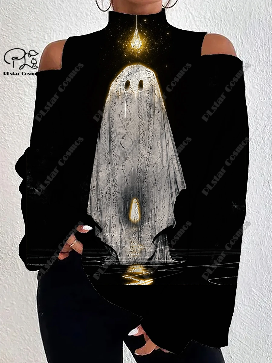 3D Printed Halloween Series Horror Ghost Pattern Women's Lantern Sleeve Off Shoulder Textured Top Casual Long Sleeve Daily K-1