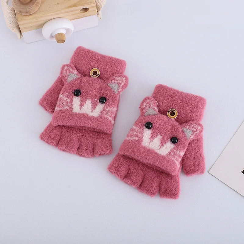 Winter Baby Gloves Cartoon Cat Half Refers Flip Children Boy Girl Gloves Kids Warm Baby Winter Glove Accesses