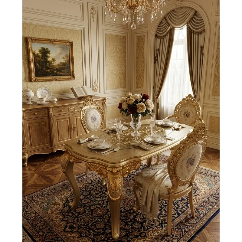 European Royal Style 1.6m Dining Table with 6 Chairs, Champagne Gold Lacquered Dining Set