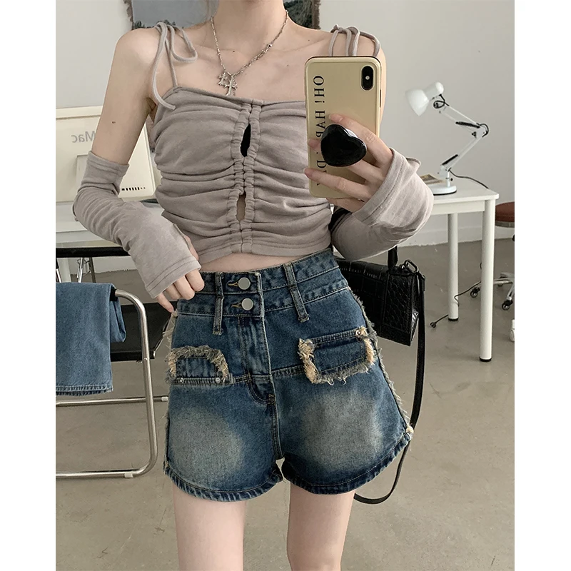 

Джинсы с высокой талией и прямыми штанинами для женщин, весна-осень 2023, новые, в стиле ретро, с рваными краями, широкие брюки-шорты в гонконгском стиле