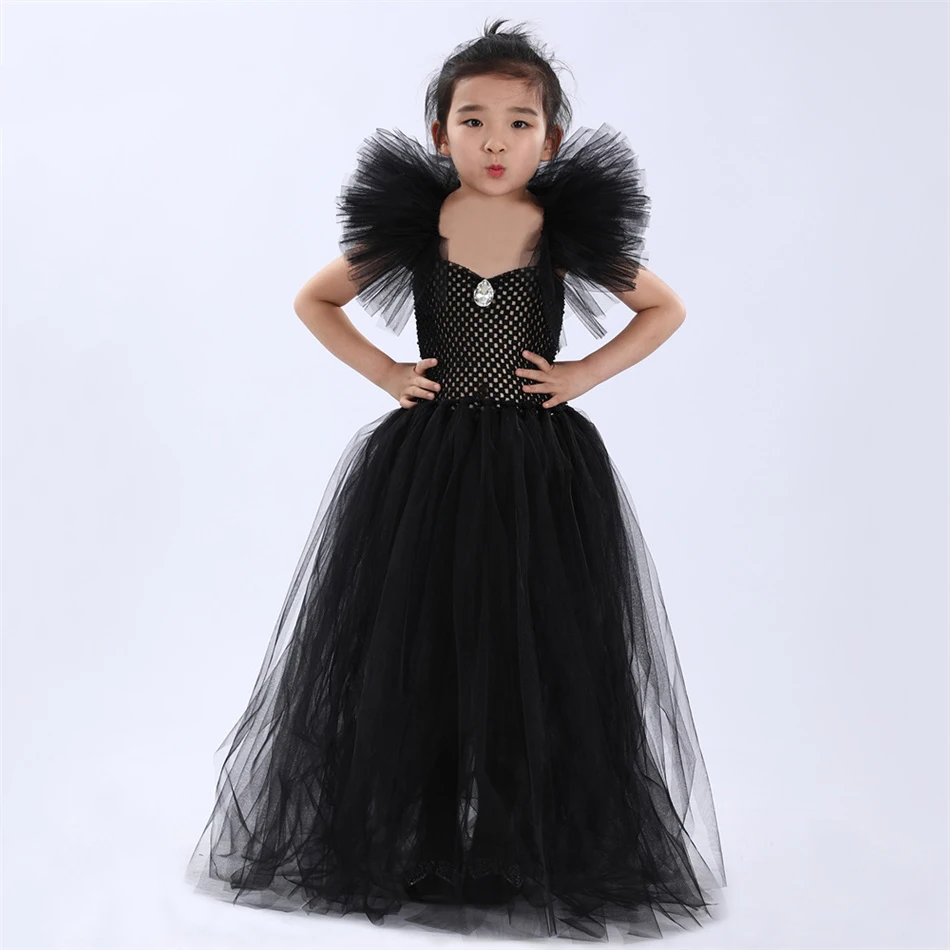 Schwarzes Hexen-Prinzessinnenkleid für Kinder, Tüll-Tutu mit Rüschen, Böse-Königin-Cosplay-Kostüm, Maleficent-Halloween-Geburtstagskleid für Mädchen – Detail 9