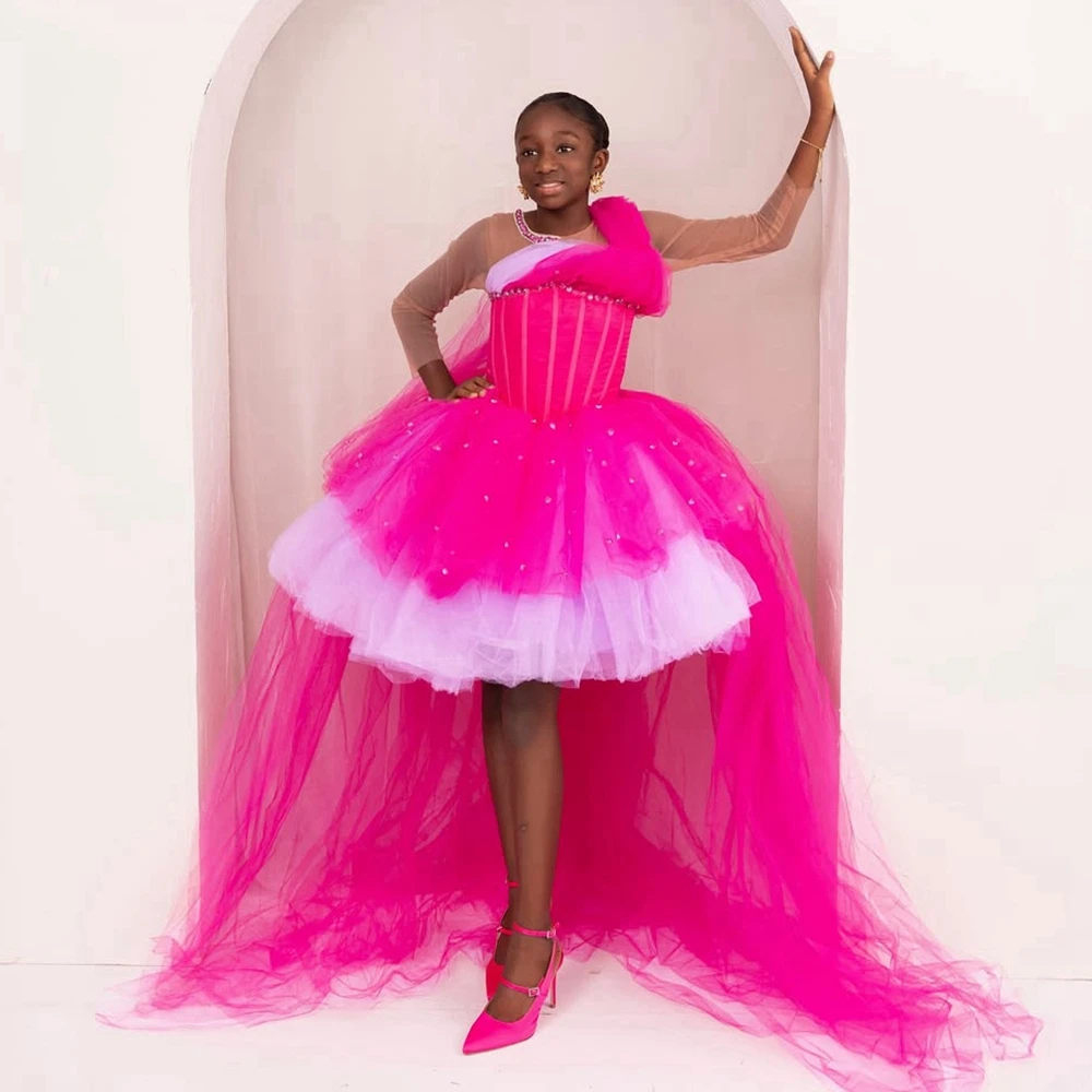 

Очень пышное тюлевое платье принцессы для выпускного вечера с длинным шлейфом, модное сетчатое платье с высокими и низкими оборками для дня рождения, платья для особых случаев