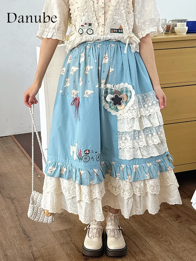 

Японская винтажная длинная юбка с кружевными вставками и асимметричным кроем для женщин, весна-лето, в стиле Mori Girl, с высокой талией, А-силуэт, плиссированная, кавайная юбка для девушек